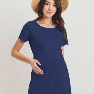 <CMD1886A> NAVY SOLID SCALLOPED  MATERNITY DRESS